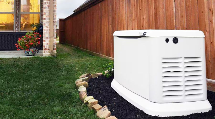 Standby generator installed in a landscaped yard, providing reliable power during outages, emphasizing safety and comfort for families.