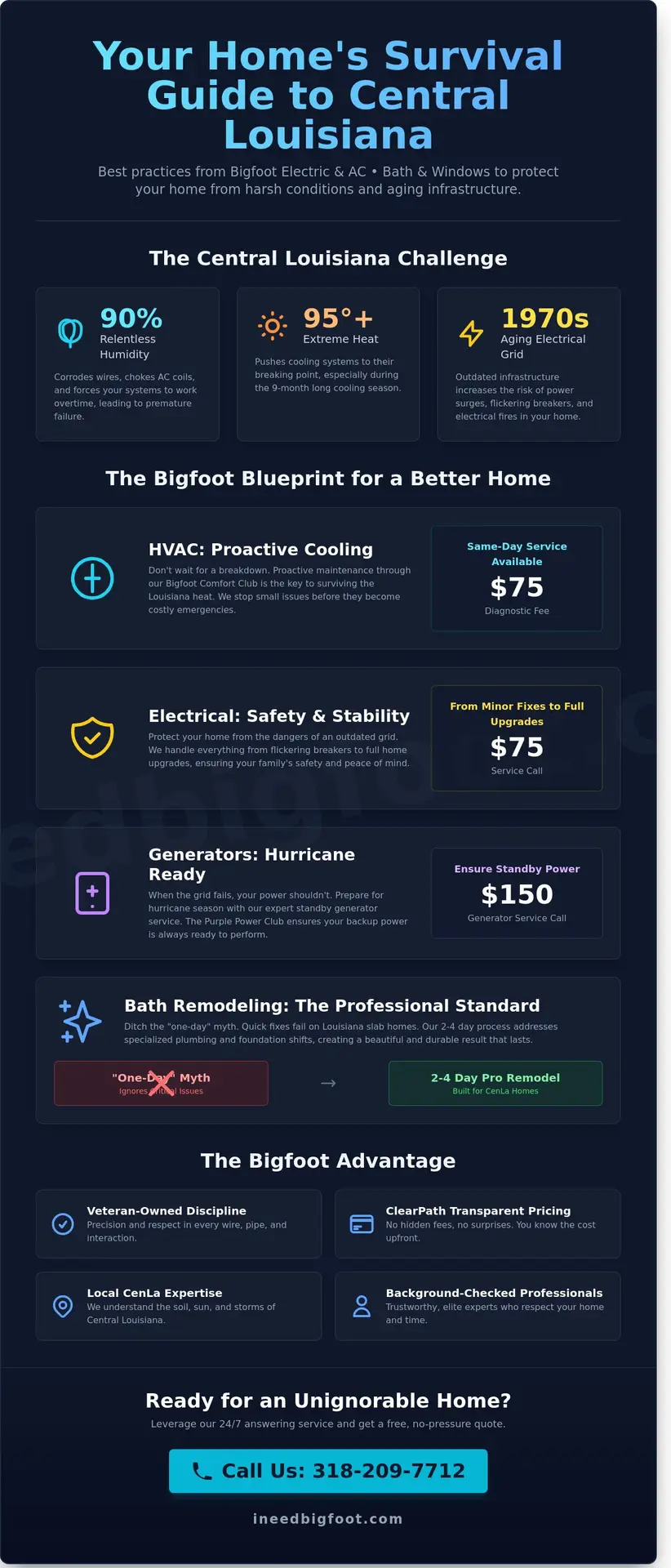 Infographic titled "Your Home's Survival Guide to Central Louisiana" from Bigfoot Electric & AC, highlighting HVAC, electrical safety, generator readiness, and bath remodeling services tailored for the region's climate challenges.