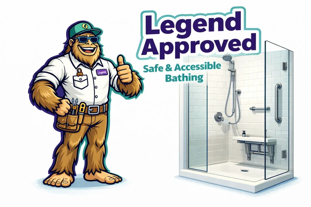 Legend Approved mascot with thumbs up promoting safe and accessible bathing next to a modern walk-in shower featuring grab bars and a bench, emphasizing bathroom accessibility.