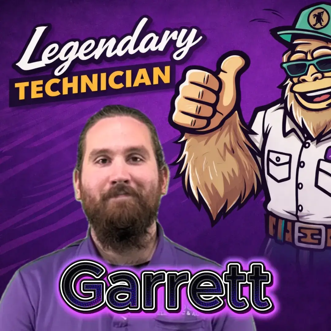 Legendary technician Garrett alongside a cartoon Bigfoot character, promoting HVAC services for Bigfoot Electric & AC.