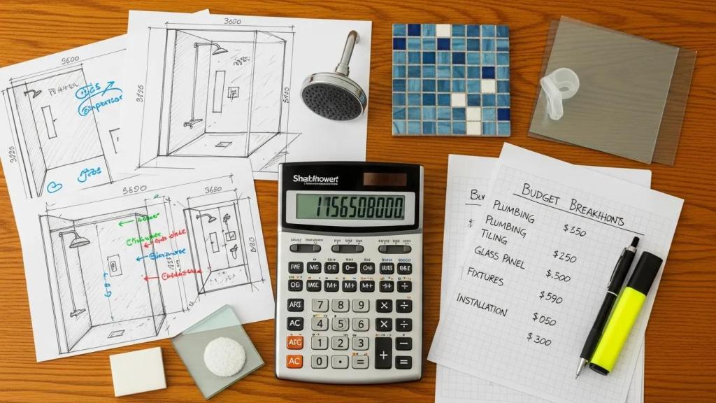Budgeting tools and materials for walk-in shower installation, featuring sketches, a calculator, and cost breakdowns for plumbing, tiling, and fixtures.