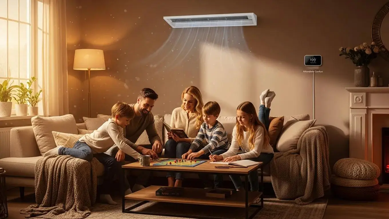 Cozy living room scene featuring a family enjoying board games, modern heating and cooling system visible, emphasizing comfort and energy efficiency.