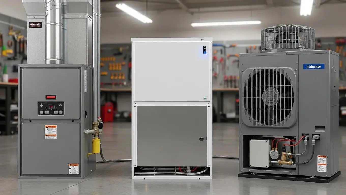 Different types of furnaces including gas, electric, and heat pump models displayed in a workshop setting, relevant to HVAC services and furnace installation in Central Louisiana.