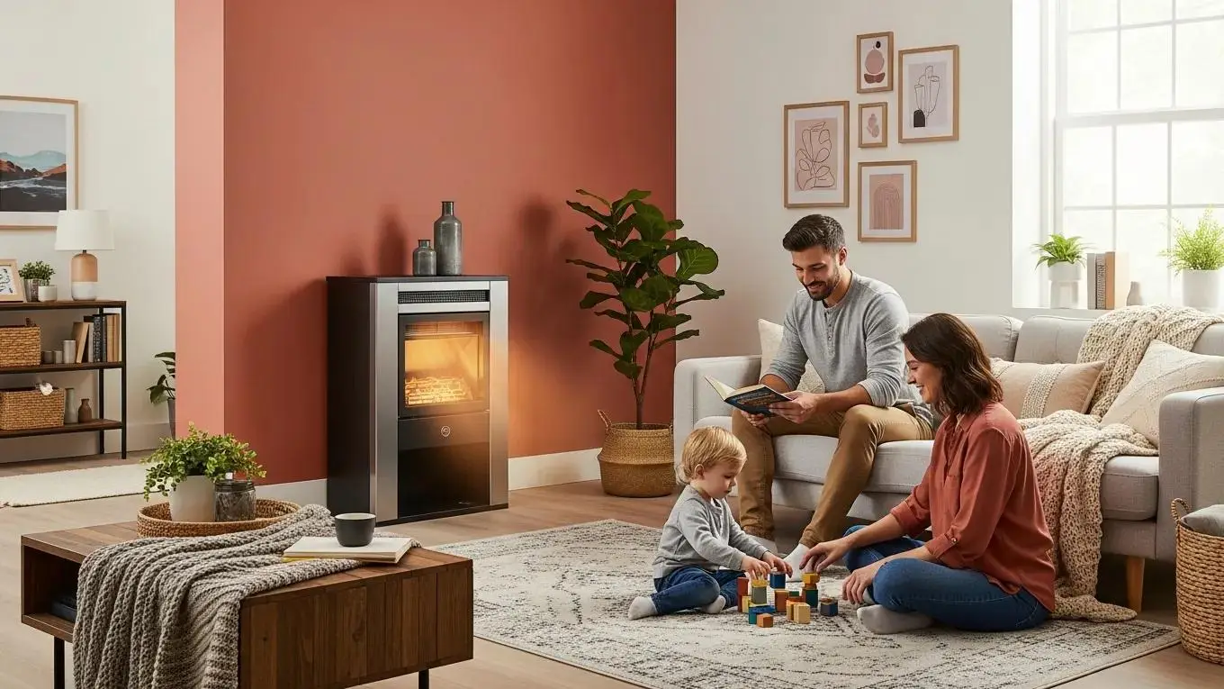 Cozy home interior featuring a modern furnace installation, family enjoying time together, emphasizing comfort and heating solutions in Alexandria, LA.